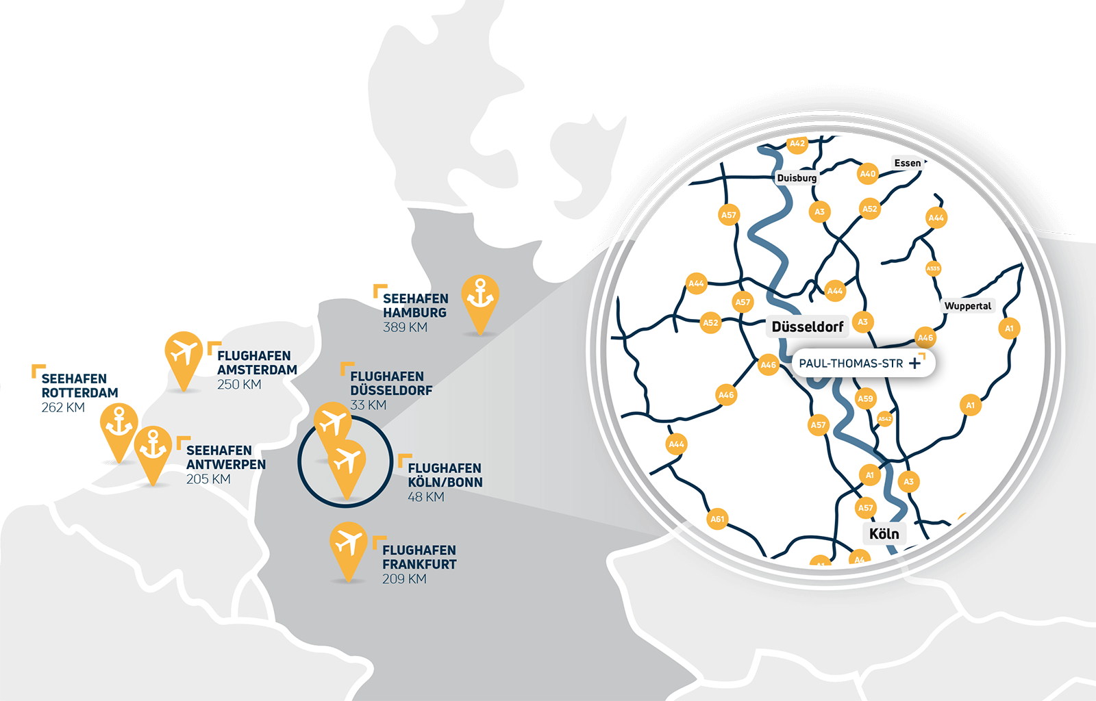 Karte mit Lage des Logistikzentrums Paul-Thomas-Straße und Entfernungen zu Flughäfen und Seehäfen.